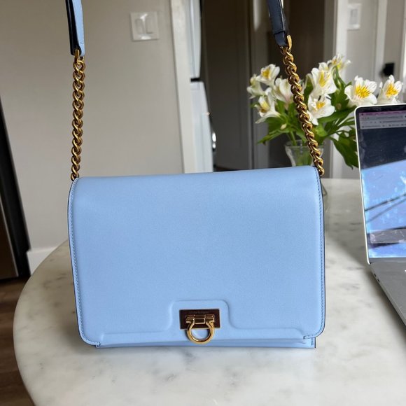 Salvatore Ferragamo Medium Trifolio Flap Leather Shoulder Bag in Cornflower Blue - Picture 1 of 11